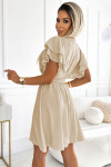 586-1 Dámske šaty s obálkovým výstrihom, rukávmi a opaskom - béžové UNI