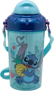 STOR Fľaša na pitie s popruhom Stitch 465 ml / Plast bez BPA / So slamkou a viečkom (75022)
