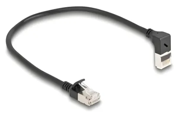 DeLock RJ45 Cat.6A S/FTP Slim patch kábel čierna / Sieťový kábel / 0,25 m / RJ45 priamy - RJ45 pravouhlý (80285)