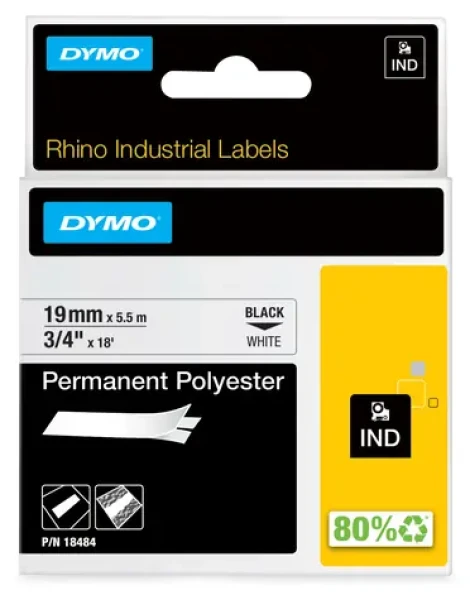 Dymo originálna páska do tlačiarne štítkov 19mm x 5.5m / čierna tlač / biely podklad / RHINO / polyester (18484)