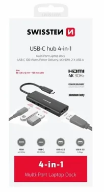 Swissten USB-C HUB 4-IN-1 / USB-C PD / USB 3.0 / USB 2.0 / HDMI / hliník (44040201)