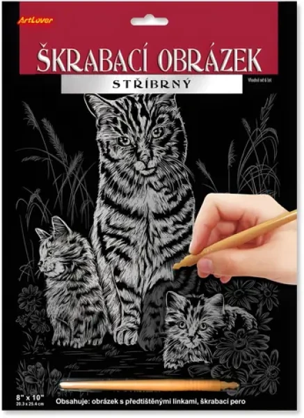 Škrabací obrázok strieborný Mačka s mačiatkami