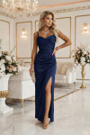 647-2 Priliehavé dlhé maxi šaty s obálkovým výstrihom a rozparkom - tmavomodré UNI