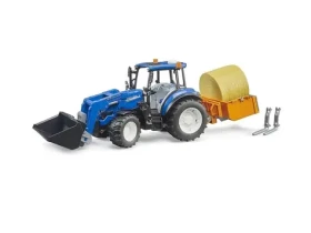Bruder Traktor New Holland T5.120 s čelným nakladačom, korbou, vidlami a okrúhlym balíkom