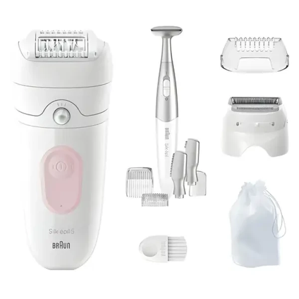 Braun Silk-épil 5-230 bielo-ružová / Epilátor / 28 pinziet / 2 rýchlosti / vodeodolný / 3 nástavce (7500435225007)