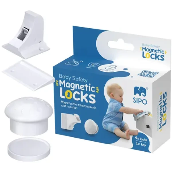 Sipo Magnetické zámky na skrine a zásuvky, sada 4 ks + 1x magnetický kľúč, BIELA (SPSBS-M4)