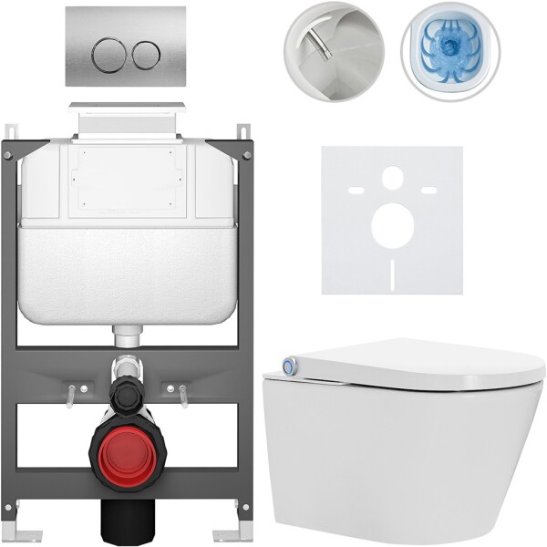 CERANO - Závesné WC s bidetom Basic/Cronus Standard - biela lesklá - WC tlačidlo Dualo/Strieborná - ovládanie zhora - predstenová inštalácia - 59,3x38,4 CER-8050BD86430