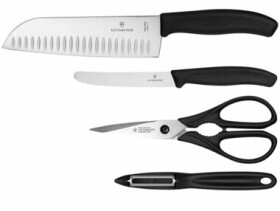 VICTORINOX Swiss Classic sada 2x nôž + kuchynské nožnice + škrabka na zeleninu čierna (V-6.71 33.4G)