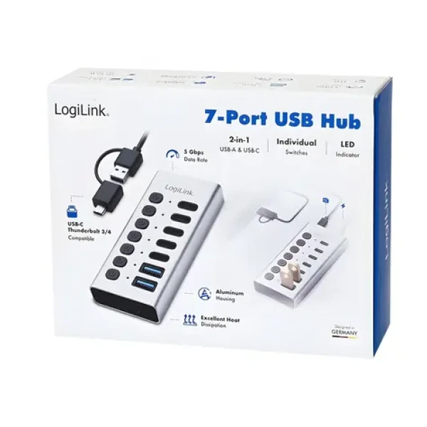 USB Hub 7x USB-A/C s vypínačom on/off / Rozbočovač / 7 portov / prepínanie jednotlivých portov (UA0447)