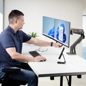 StarTech stolný držiak pre 2 monitory čierna / Držiak pre monitory / VESA / 17-27" / nosnosť 30 kg / náklon -15 ° až 65 ° (H2M1AS2-MONITOR-ARM)