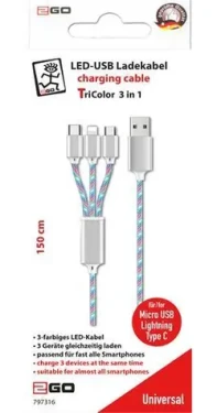 2GO Kábel 3v1 / Nabíjací kábel / USB-A / Micro-USB USB-C Lightning / 1,5 m / 3 A (797316)