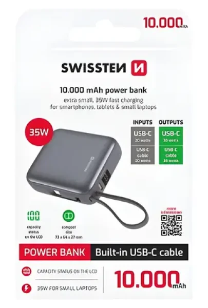 Swissten Space strieborná / Power Bank / 10000 mAh / 35W / USB-C integrovaný kábel