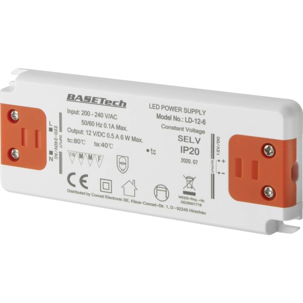 Basetech LD-12-6 napájací zdroj pre LED konštantné napätie 6 W 0.5 A schválenie nábytku, prepätia, montáž na nehorľavom povrchu; BT-2266202