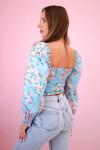 Dámska španielska blúzka s kvetinovým vzorom, dlhý rukáv, modrá UNI