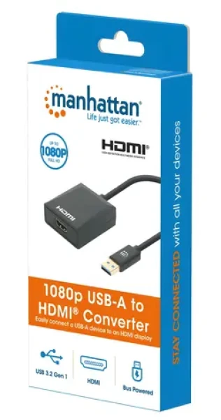 Manhattan USB-A na HDMI adaptér čierny / Adaptér / USB 3.1 Gen 1 / Full HD 1080p / 60 Hz / plast (153690)