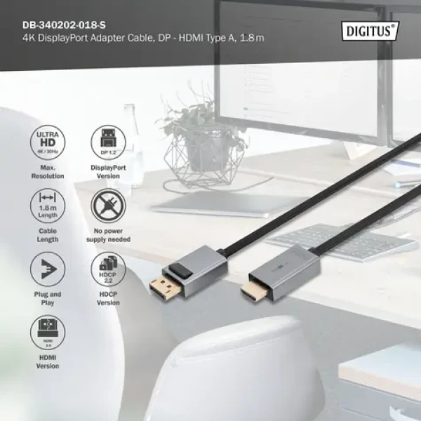 Digitus / DisplayPort pripojovací kábel / DP/M - HDMI-A/M / 4K / 1,8 m (DB-340202-018-S)