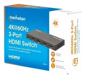 Manhattan HDMI Switch 3 vstupy / HDMI prepínač / 4K 60Hz / HDCP 2.2 / Dolby Vision, Atmos / kovové telo (208222)
