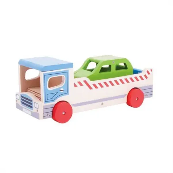 Bigjigs Toys Drevené odťahové auto s osobným autom