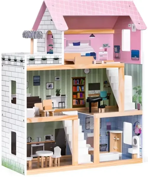 ECOTOYS Trojposchodový domček pre bábiky s terasou