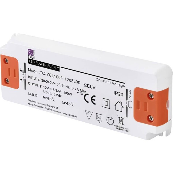 TRU COMPONENTS TC-YSL100F-1208330 napájací zdroj pre LED konštantné napätie 100 W 8.33 A 12 V/DC schválenie nábytku, prepätia, montáž na nehorľavom povrchu; TC-13492700