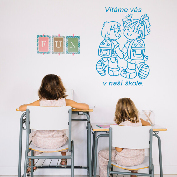 Veselá Stena Samolepka Vítame Vás v našej škole Farba: modrá, Veľkosť: 80 x 55 cm