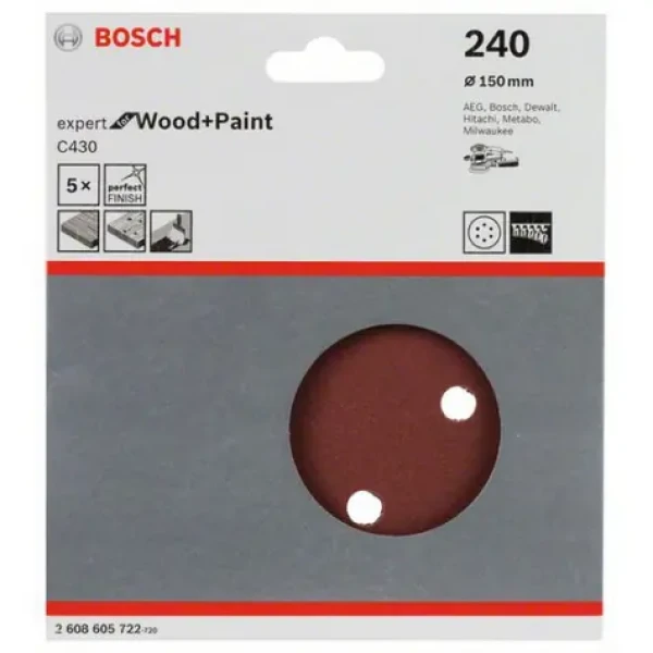 BOSCH Expert C430 2608605722 / Kotúč do excentrickej brúsky / Zrnitosť 240 / 150mm / 6 otvorov / suchý zips / 5ks (2608605722)