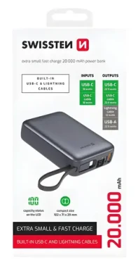 Swissten Space 20000mAh strieborná / Powerbanka s integrovanými káblami / USB-C + Lightning