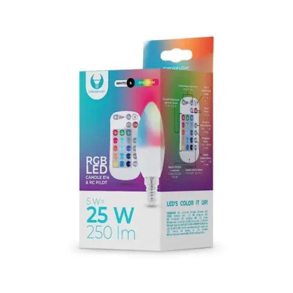 Forever RGB LED žiarovka E14 C37 5W + diaľkové ovládanie / 3000K / 250 lm / RGB (RTV003565)
