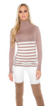 Sexy KouCla turtleneck striped + rhinestones CORAL Einheitsgroesse