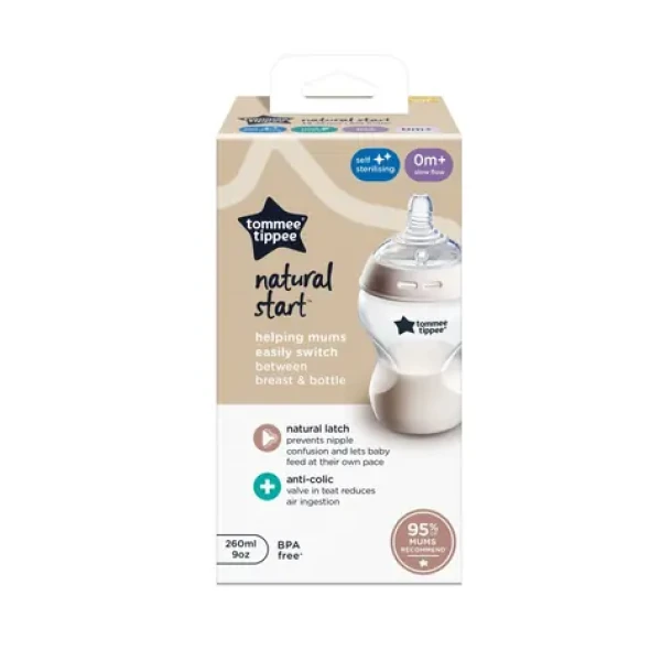 Tommee Tippee Natural Start Samosterilizační Dojčenská Fľaša s ANTI-COLIC cumlíkom Pomalý Prietok 260 ml 0m+ (422871)