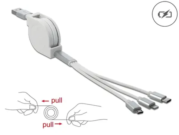 DeLock USB-A 3v1 biela / Nabíjací kábel / Lightning, Micro-USB, USB-C / Zmotávací (85850)