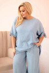 Dámska súprava v nadmernej veľkosti z materiálu Tencel, blúzka s kravatou a široké nohavice Light Denim UNI