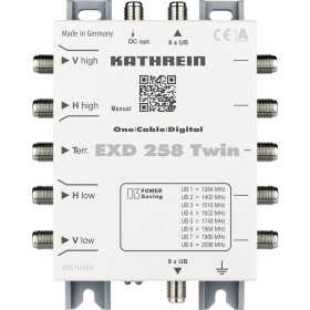 Kathrein EXD 258 Twin kaskádový rozdeľovač satelitného signálu (Unicable) Vstupy (viacnásobný spínač): 5 (4 SAT / 1 terestrický) Počet účastníkov: 16; EXD 258 Twin