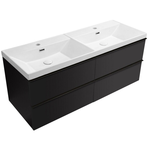 CERANO - Kúpeľňová skrinka Velora - čierna matná, úchytka čierna - keramické dvojumývadlo Viano - 121,5x67,5x46,5 CER-495854