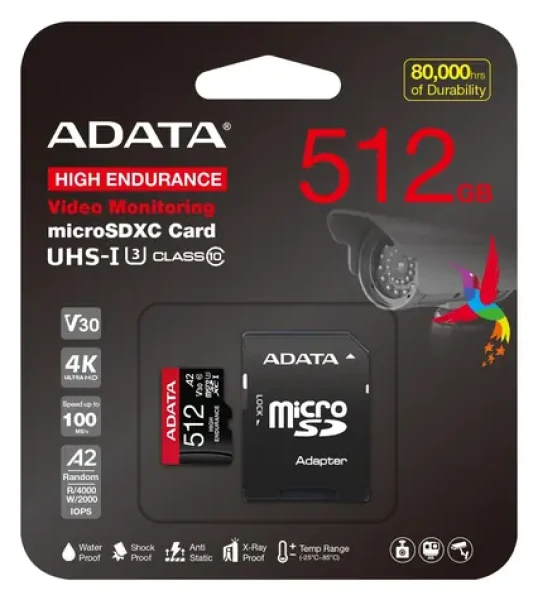 ADATA High Endurance 512GB / Pamäťová karta microSDXC / UHS-I U3 / čítanie 100 MB/s / zápis 85 MB/s / adaptér (AUSDX512GUI3V30SHA2-RA1)