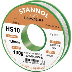 Stannol HS10 2,5% 1,0MM SN99,3CU0,7 CD 100G spájkovací cín bez olova bez olova, cievka Sn99,3Cu0,7 ROM1 100 g 1 mm; 631906