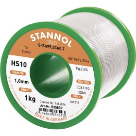 Stannol HS10 2,5% 1,0MM SN99,3CU0,7 CD 1000G spájkovací cín bez olova bez olova, cievka Sn99,3Cu0,7 ROM1 1000 g 1 mm; 535762