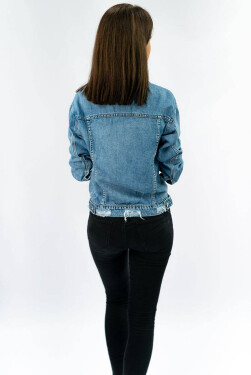 Světle modrá krátká dámská džínová bunda (SF355#) Barva: odcienie niebieskiego, Velikost: