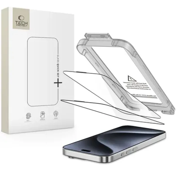 Tech-Protect Quick Set+ 2 Pack čierna / Ochranné sklo / Tvrdené / Apple iPhone 15 Pro