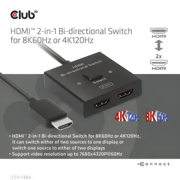Club3D CSV-1384 čierna / Switch HDMI / 2v1 obojsmerný / 8K 60Hz / 4K 120Hz / HDMI 2.1 (CSV-1384)