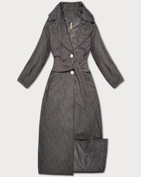 Hnedý pruhovaný dlhý dámsky kabát s opaskom S'West (B8542-14) odstíny hnědé XXL (44)