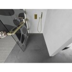 MEXEN/S - Kioto+ L Sprchová zástena WALK-IN s poličkou a držiakom uterákov 70 x 200, biely vzor, zlato kartáčovaná 800-070-123-55-97