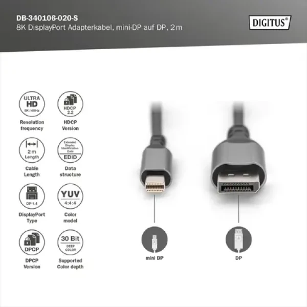Digitus Mini DP - DP / Redukcia / DisplayPort / 8K / 2 m (DB-340106-020-S)