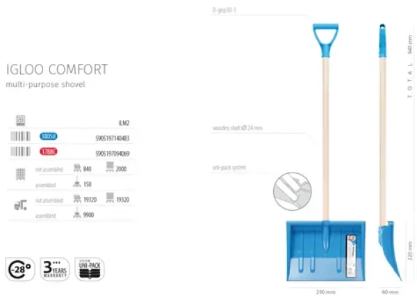 Prosperplast Detská lopata na sneh IGLOO COMFORT svetlo modrá / Detské zimné náradie / Plast a drevo / 94 cm (ILM2-3005U)