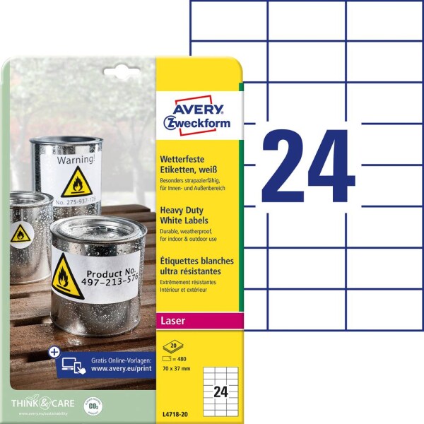 Avery-Zweckform L4718-20 70 x 37 mm prehľad produktov fólie biela 480 ks trvalé Fóliové etikety laser, kópie; L4718-20