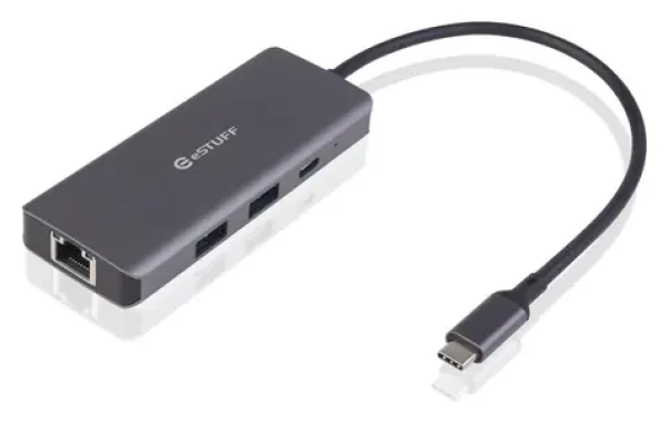 ESTUFF USB-C Hub 6 v 1 šedá / HDMI 4K60Hz / RJ-45 Gigabit / 2x USB-A 3.1 / USB-C PD 100W (ES623013)