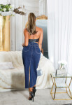 Sexy Highwaist Maxi Denim Skirt with Slit denimblue