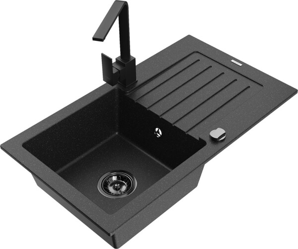 MEXEN/S MEXEN/S - Pablo granitový drez 1-miska s odkvapkávačom vrátane batérie Rita, čierny/strieborný metali 6510-73-670300-70-B