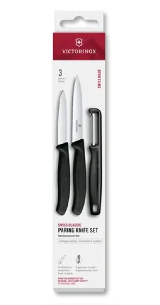 VICTORINOX Swiss Classic Kuchynský nôž a škrabka set 3 ks čierna / rovné a vrúbkované ostrie (6.7113.33)