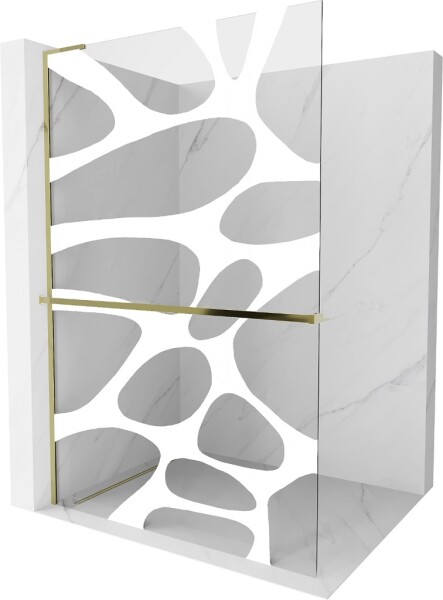 MEXEN/S - Kioto+ L Sprchová zástena WALK-IN s poličkou a držiakom uterákov 100 x 200, biely vzor, zlato 800-100-123-50-97